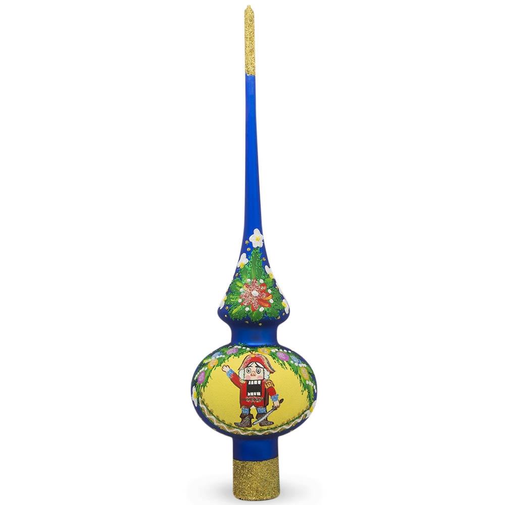 Nutcracker And Wreath On Blue Mouth Blown Glass Christmas Tree Topper 11 Inches  |   Tree Toppers Ornaments Tree Toppers