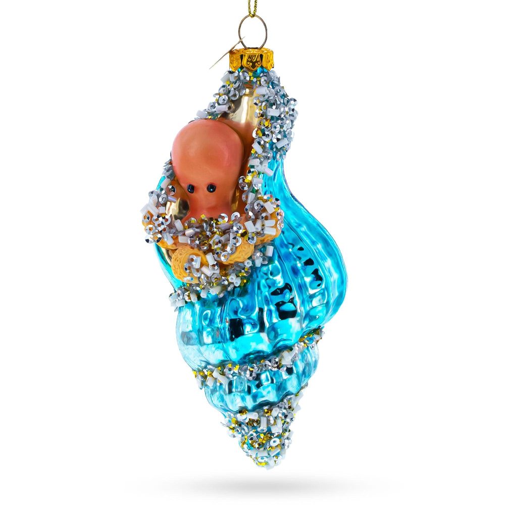 Octopus In Seashell Blown Glass Christmas Ornament  |   Animals Animals Animals