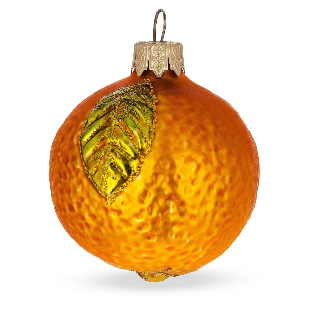 Orange With Shiny Leaf Mini Glass Christmas Ornament  |   Food Food Food