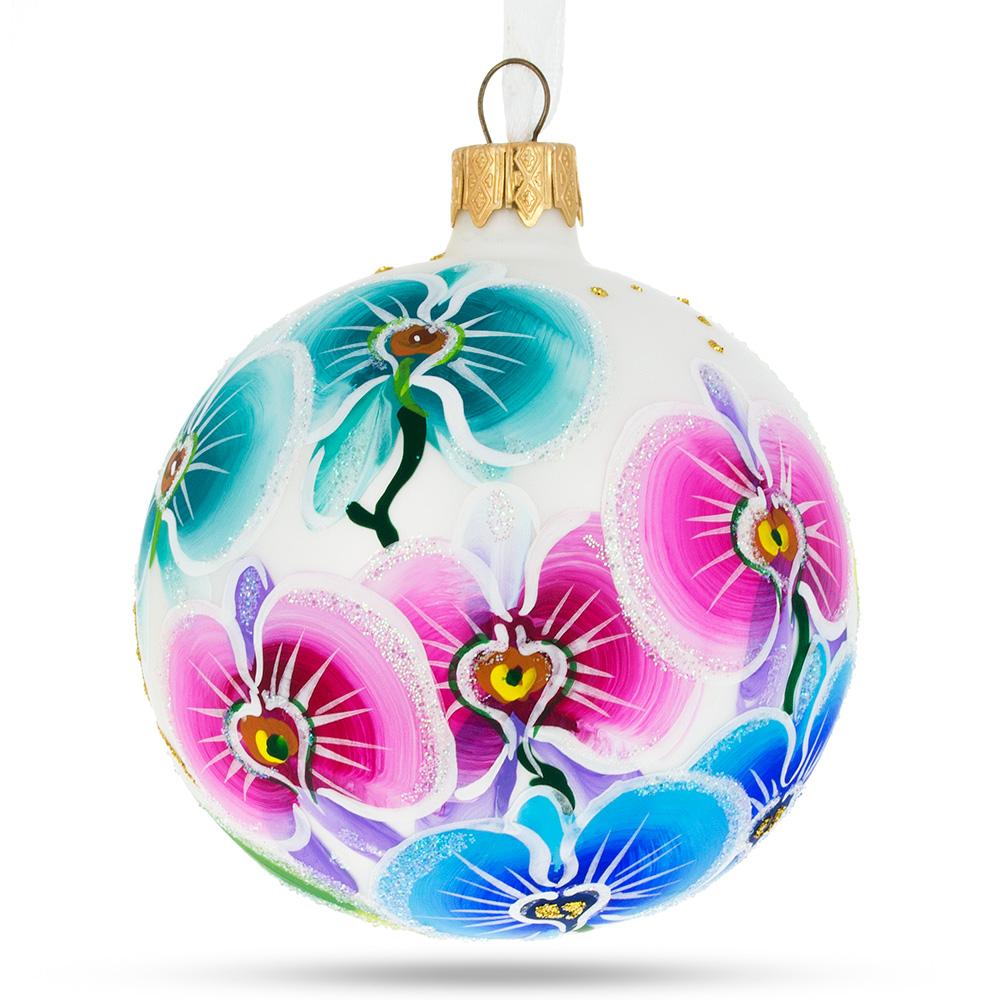 Orchid Medley Blown Glass Ball Christmas Ornament 3.25 Inches  |   Flowers Flowers Flowers