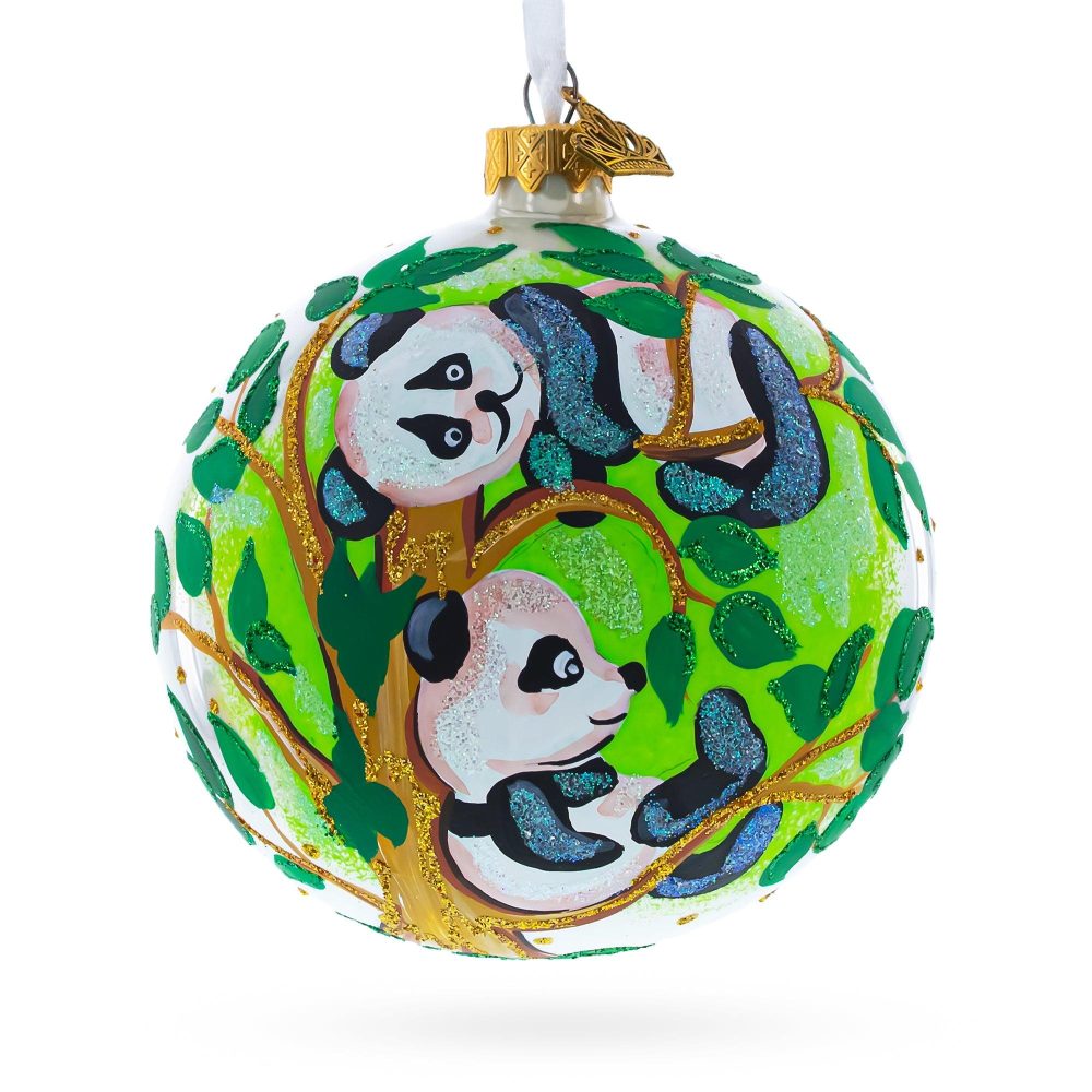 Panda Bears On Tree Branch Blown Glass Ball Christmas Ornament 4 Inches  |   Animals Animals Animals