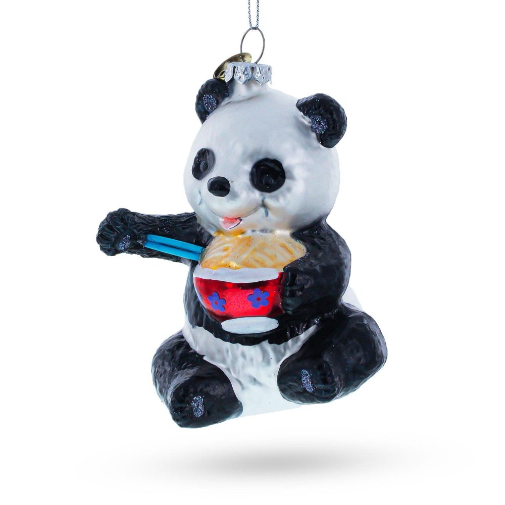 Panda Relishing Noodles Blown Glass Christmas Ornament  |   Animals Animals Animals