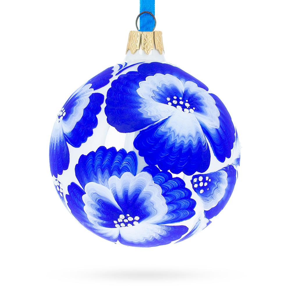 Pansies Flowers On White Blown Glass Ball Christmas Ornament 3.25 Inches  |   Flowers Flowers Flowers