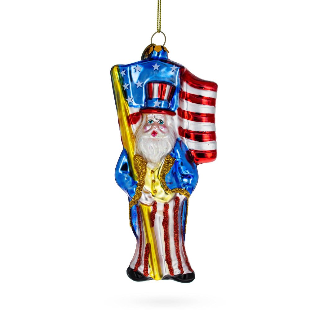 Patriotic Santa Carrying American Flag Blown Glass Christmas Ornament  |   Patriotic Ornaments Patriotic