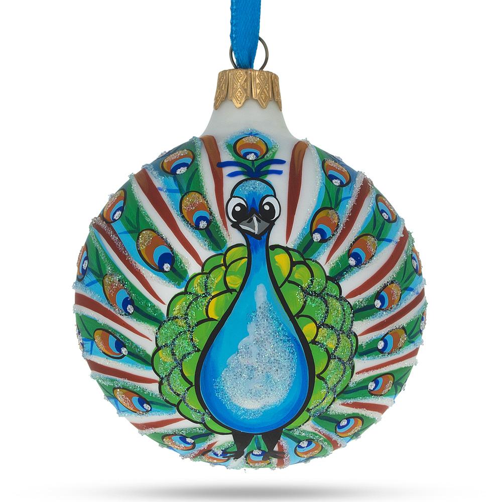 Peacock Glittered Blown Glass Ball Christmas Ornament 3.25 Inches  |   Animals Animals Animals