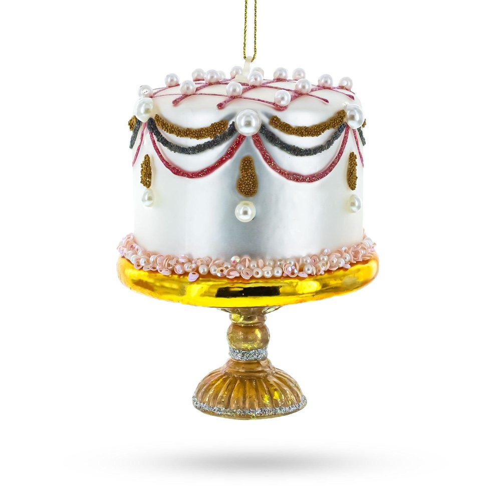 Pearl-Adorned Celebration Cake Glass Christmas Ornament  |   Food Food Food