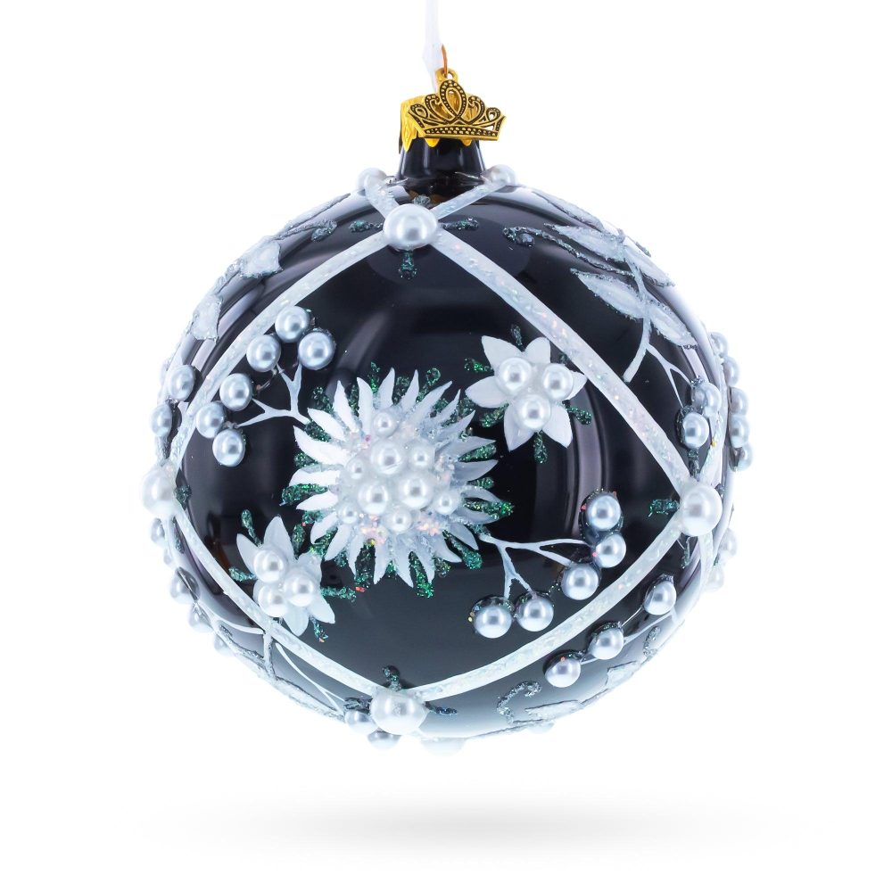 Pearl-Encrusted White Floral Design On Black Glass Ball Christmas Ornament 4 Inches  |   Flowers Flowers Flowers