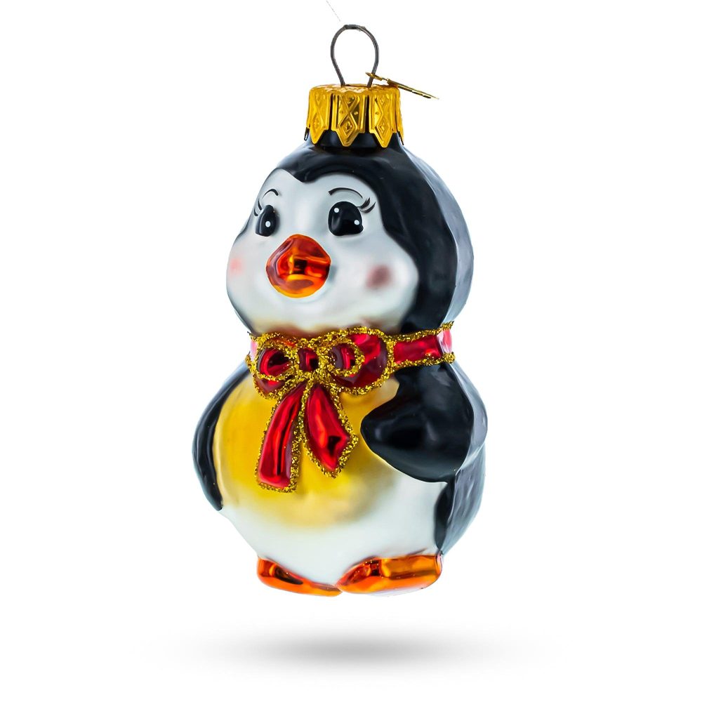 Penguin With Red Bow Mini Glass Christmas Ornament  |   Animals Animals Animals