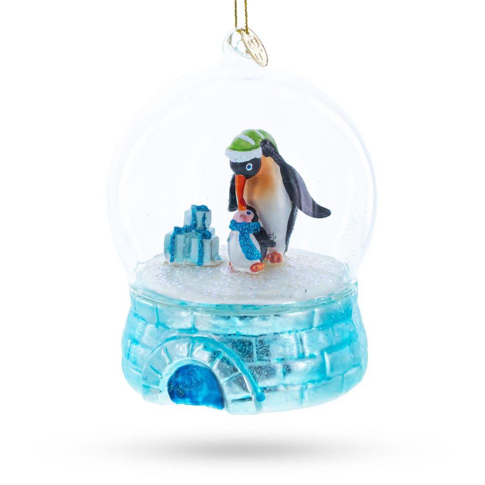 Penguins In The Igloo Dome Blown Glass Christmas Ornament  |   Animals Animals Animals