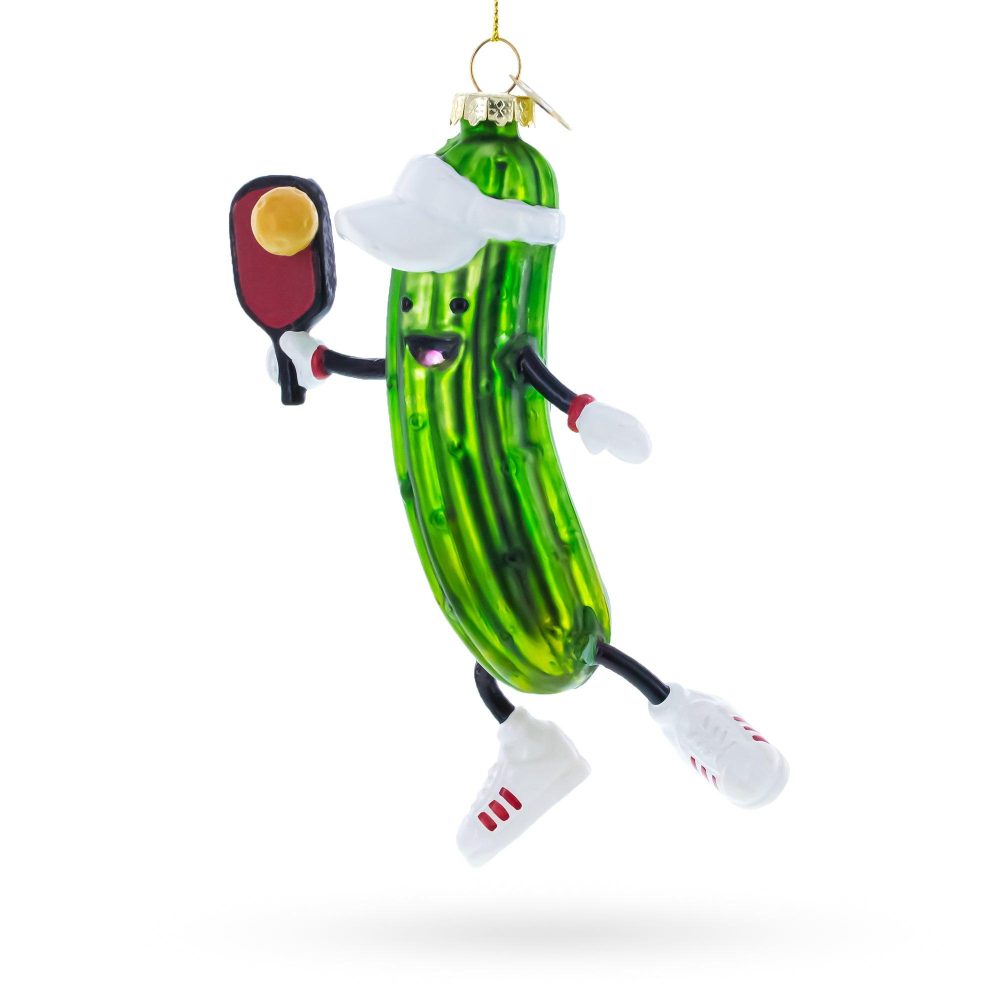 Pickle With Pickleball Racket Blown Glass Christmas Ornament  |   Personalized Ornaments Personalized