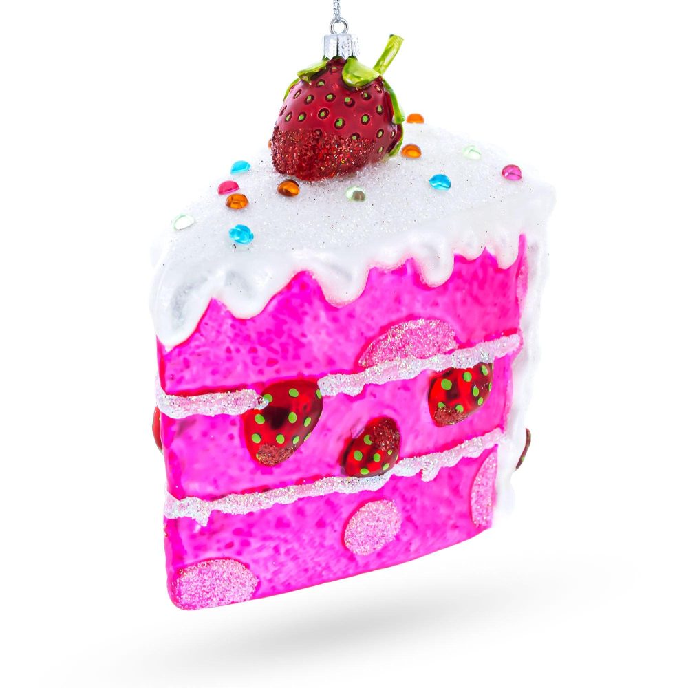 Piece Of Strawberry Cake Blown Glass Christmas Ornament  |   Food Food Food