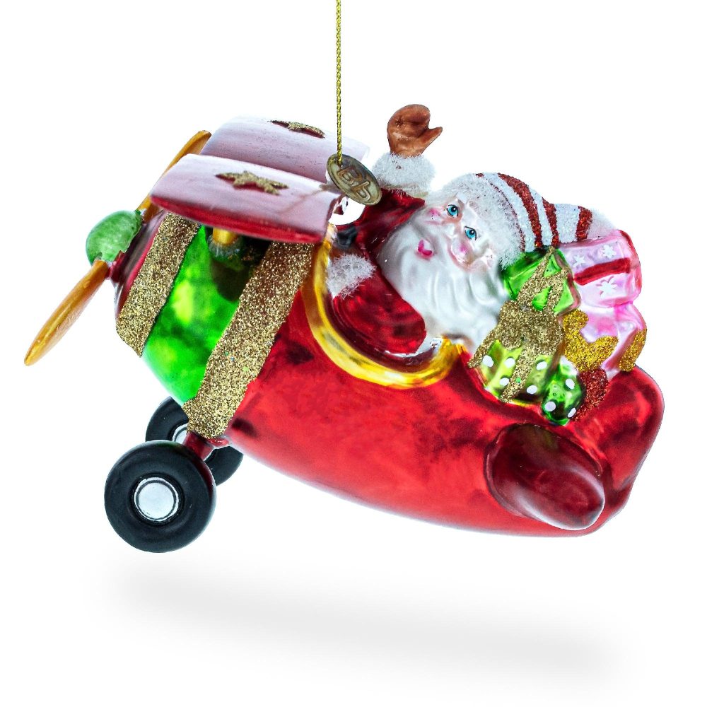 Pilot Santa Flying Airplane Blown Glass Christmas Ornament  |   Personalized Ornaments Personalized