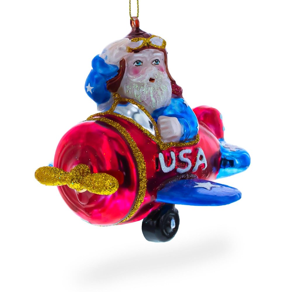 Pilot Santa In Airplane Blown Glass Christmas Ornament  |   Military Military Military