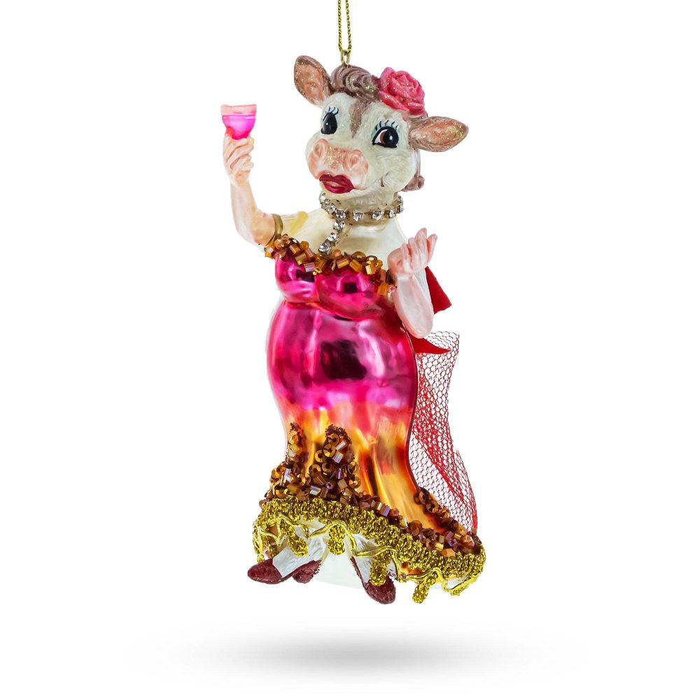 Pink-Dressed Cow With Wine Glass  Christmas Ornament  |   Animals Animals Animals