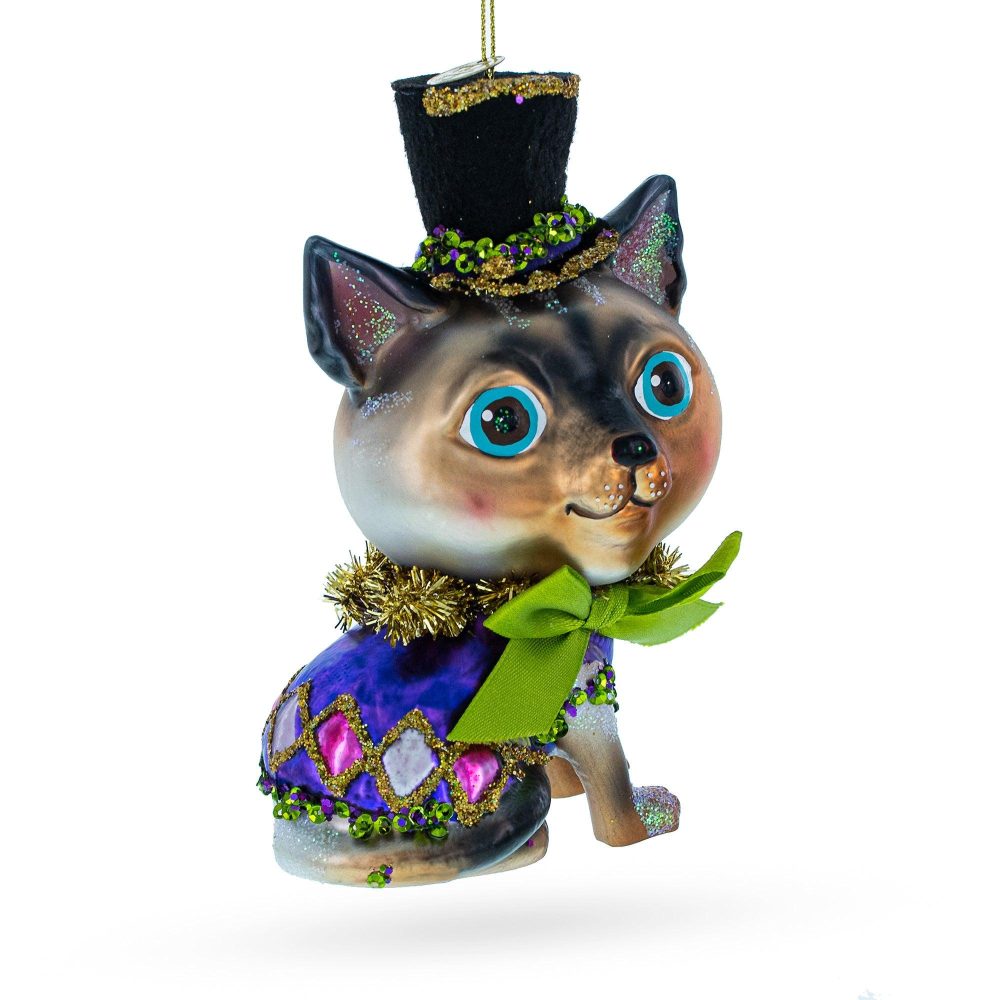 Playful "Cat In The Hat" Blown Glass Christmas Ornament  |   Animals Animals Animals