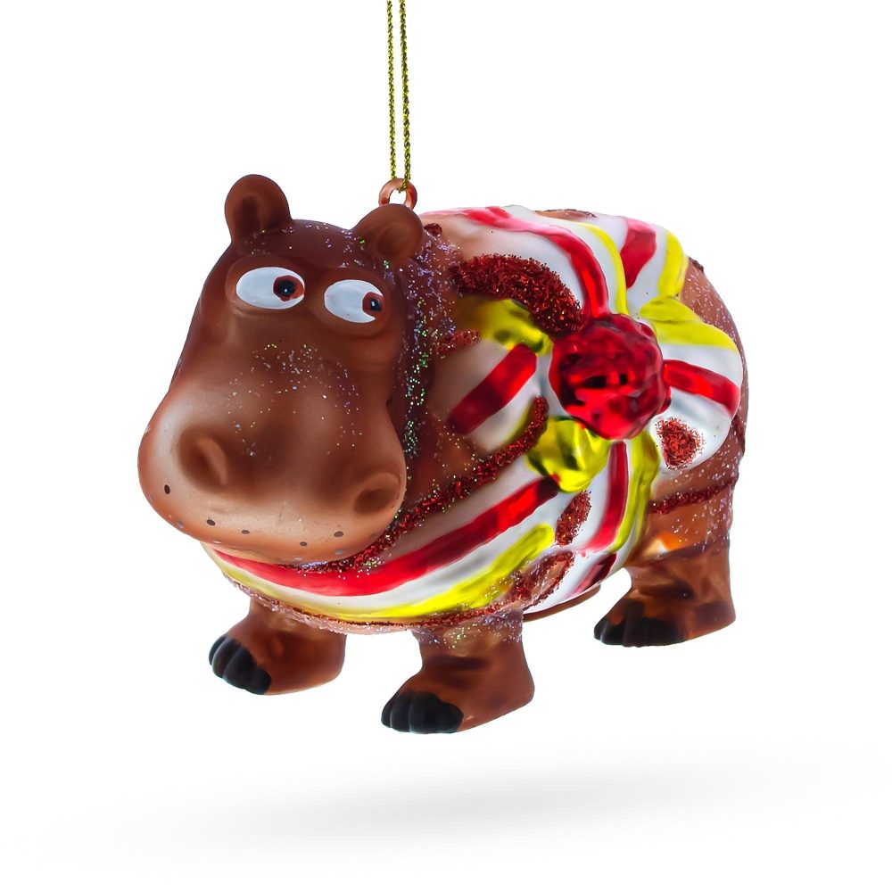 Playful Hippo With Gift Blown Glass Christmas Ornament  |   Animals Animals Animals