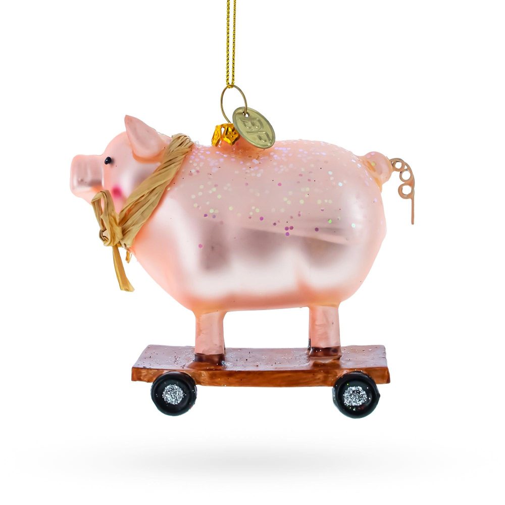 Playful Pig Riding A Skateboard Glass Christmas Ornament  |   Animals Animals Animals