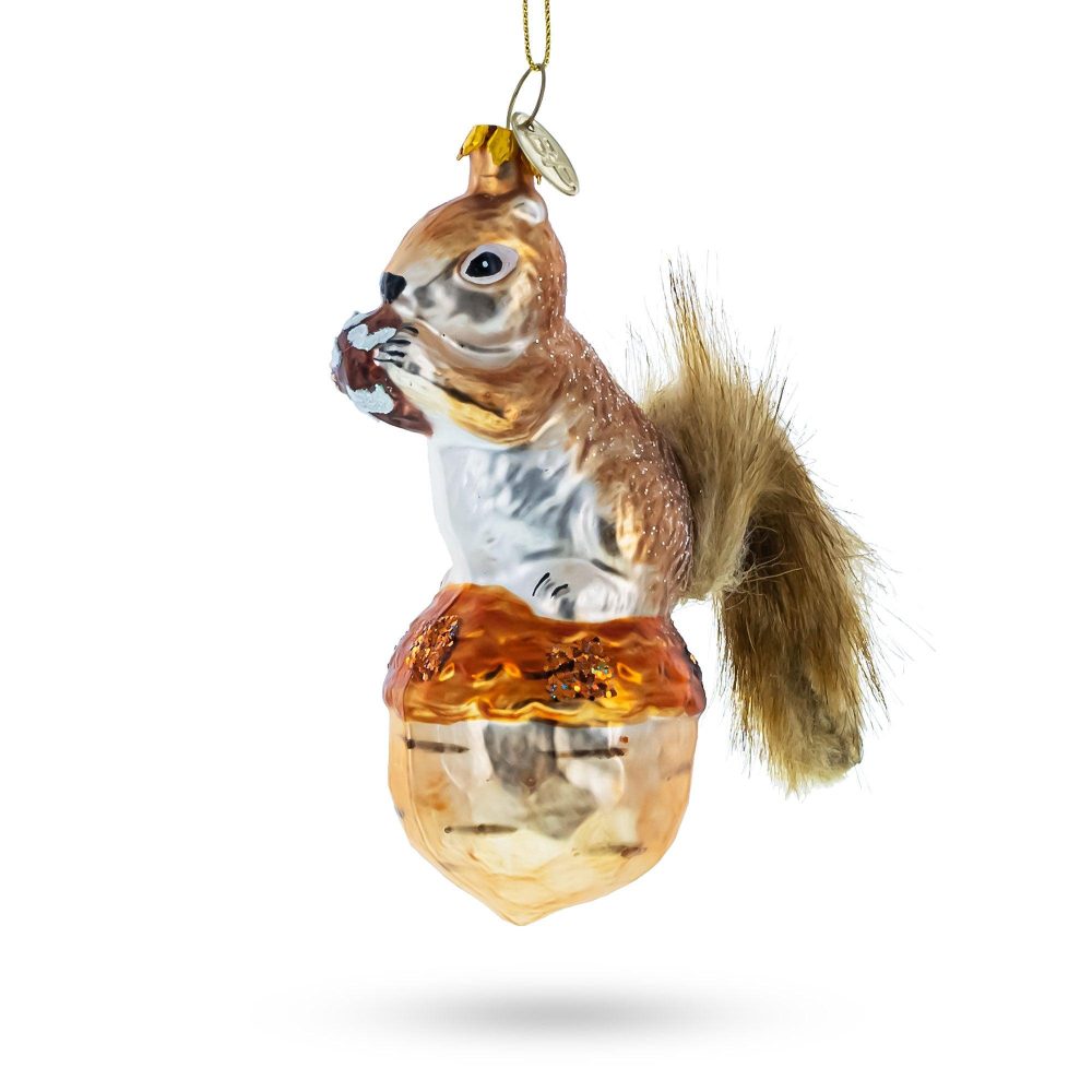 Playful Squirrel On Acorn Blown Glass Christmas Ornament  |   Animals Animals Animals