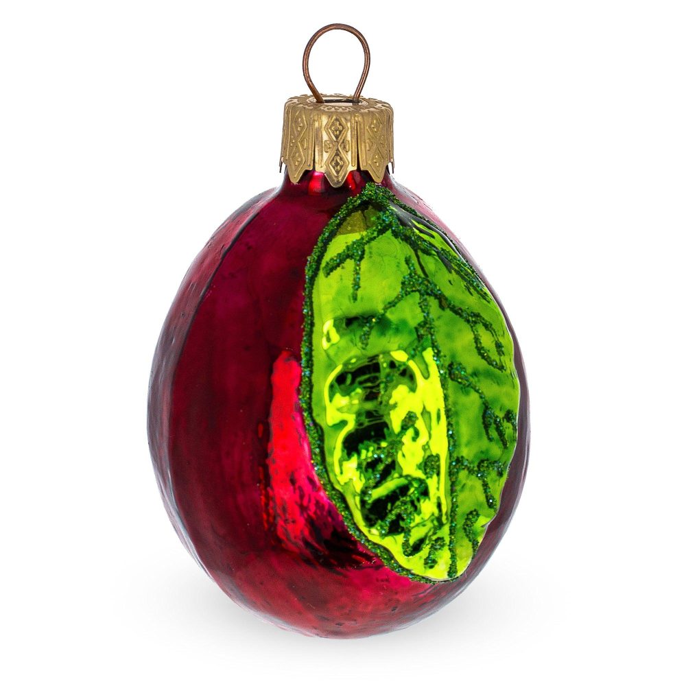 Plum With Shiny Leaf Mini Glass Christmas Ornament  |   Food Food Food