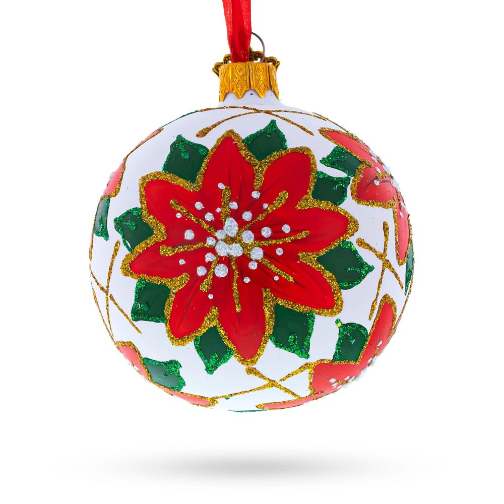 Poinsettia Flowers On White Blown Glass Ball Christmas Ornament 3.25 Inches  |   Flowers Flowers Flowers