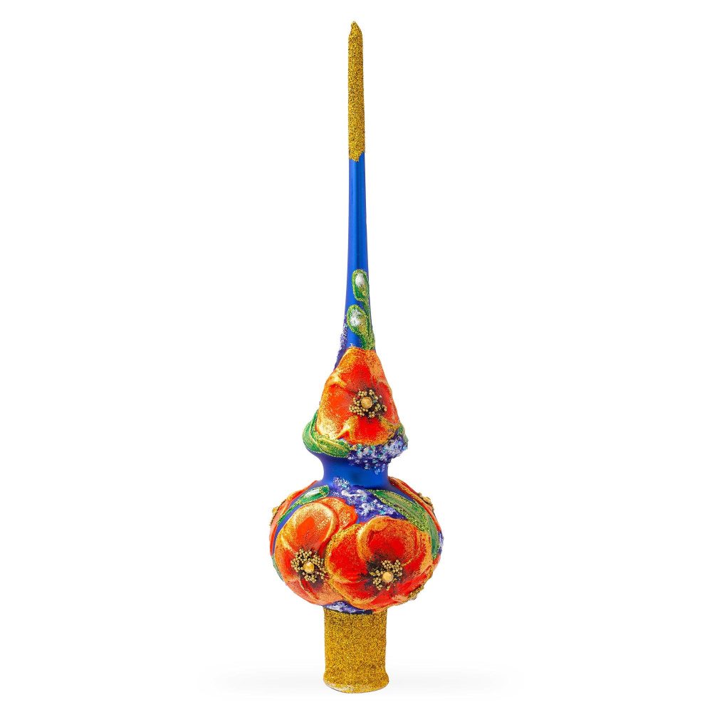 Poppy Flowers On Blue Mouth Blown Glass Christmas Tree Topper 11 Inches  |   Tree Toppers Ornaments Tree Toppers