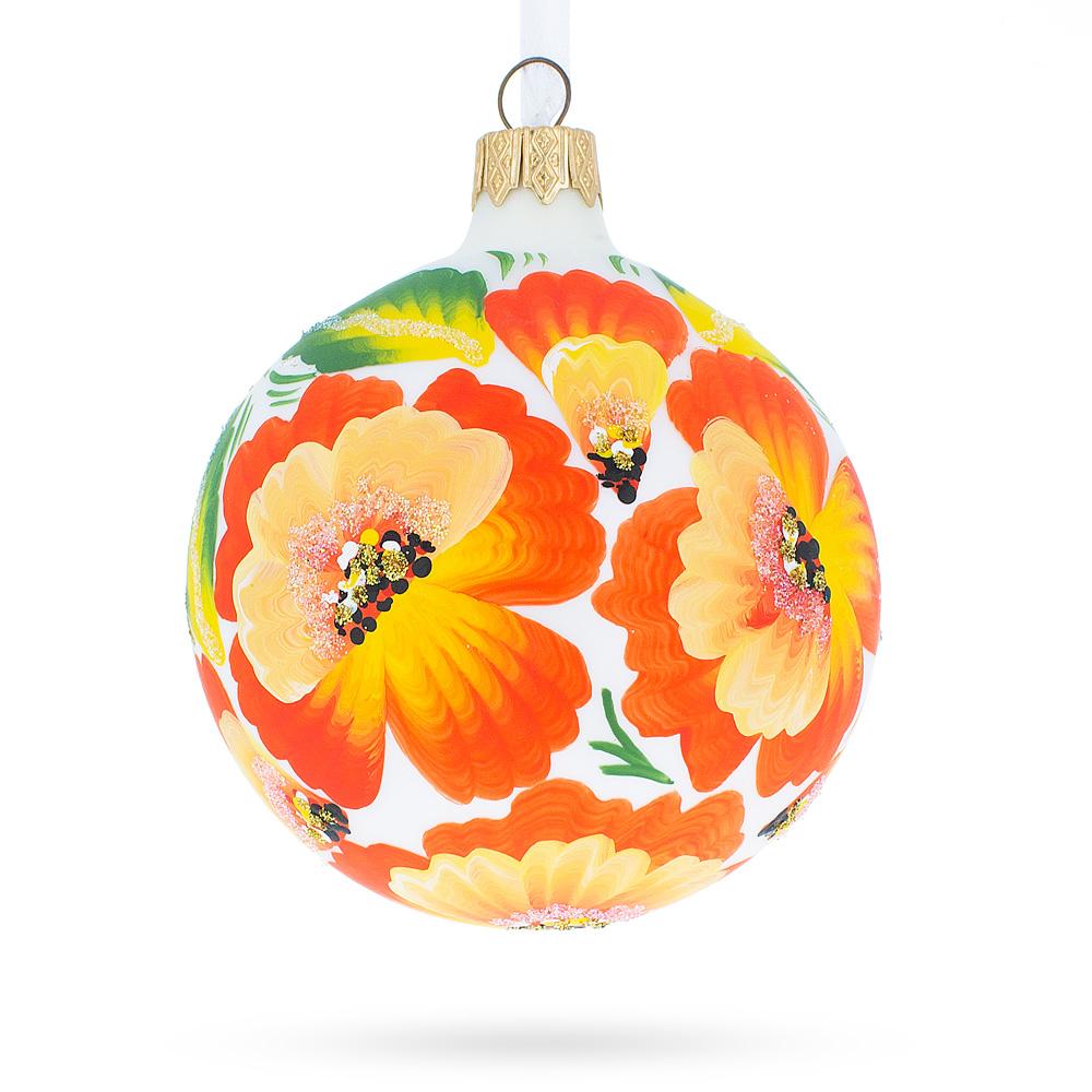 Poppy Flowers On White Blown Glass Ball Christmas Ornament, 3.25 Inches  |   Flowers Flowers Flowers