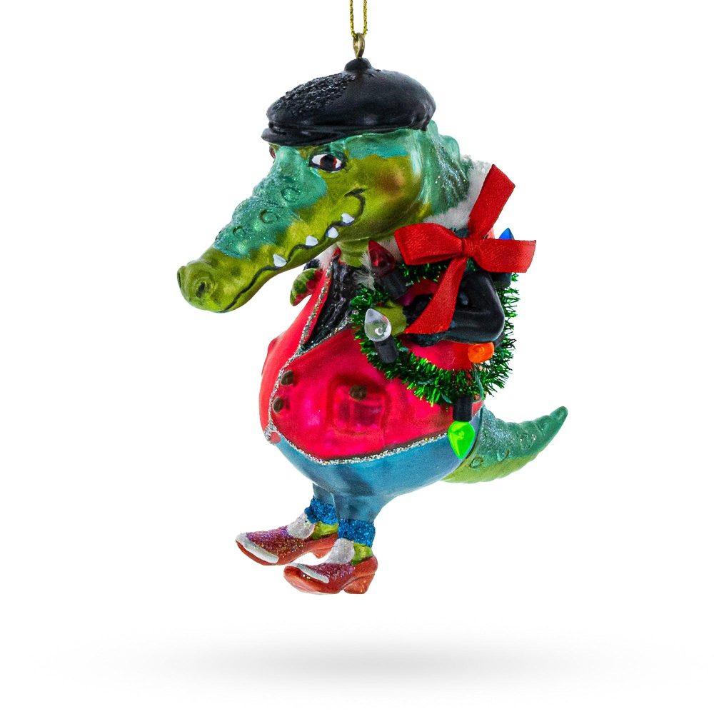 Quirky Alligator Wearing Costume Glass Christmas Ornament  |   Animals Animals Animals