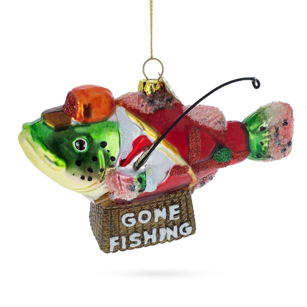 Quirky Fish In Hat Gone Fishing Glass Christmas Ornament  |   Animals Animals Animals