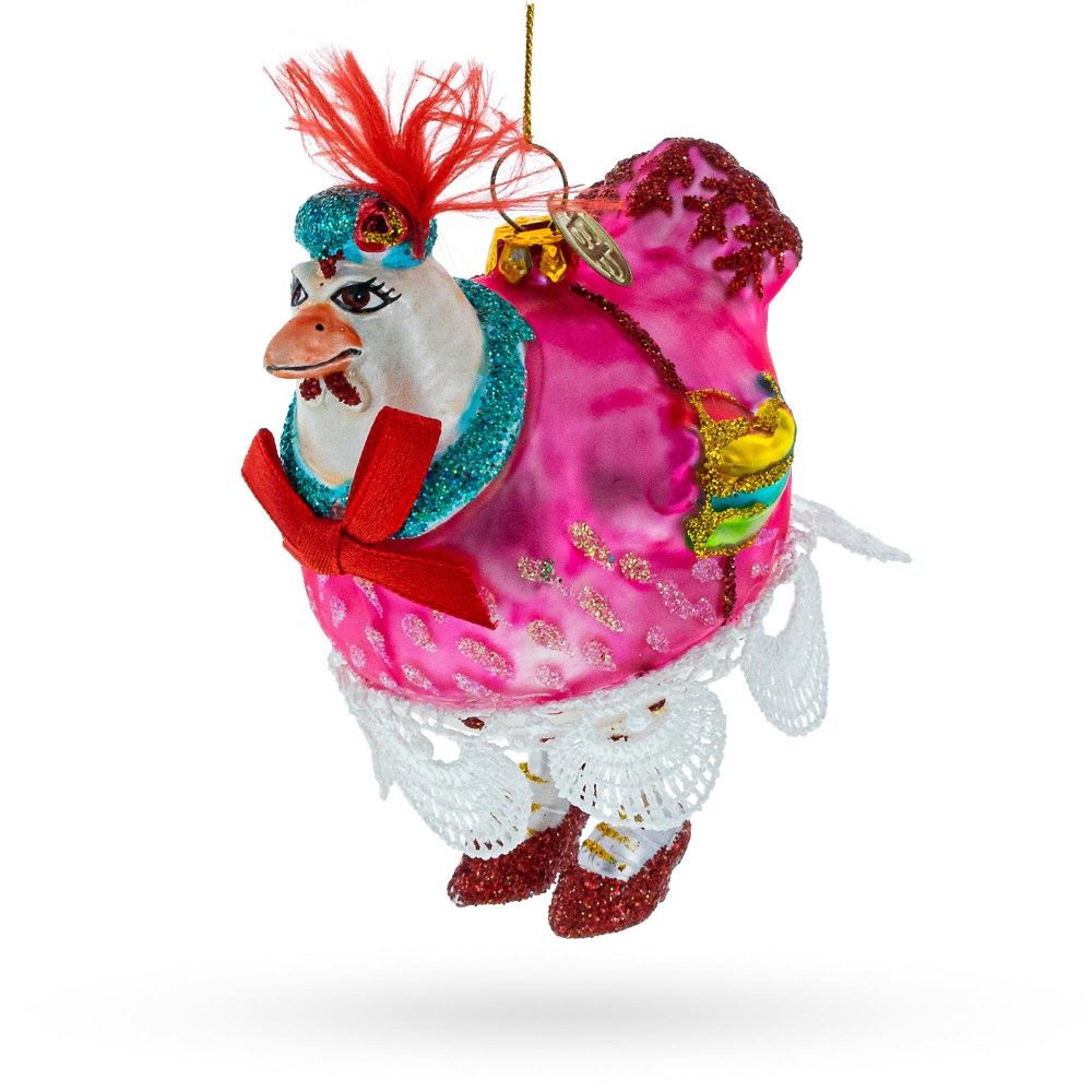 Quirky Hen In Pink Dress Blown Glass Christmas Ornament  |   Animals Animals Animals