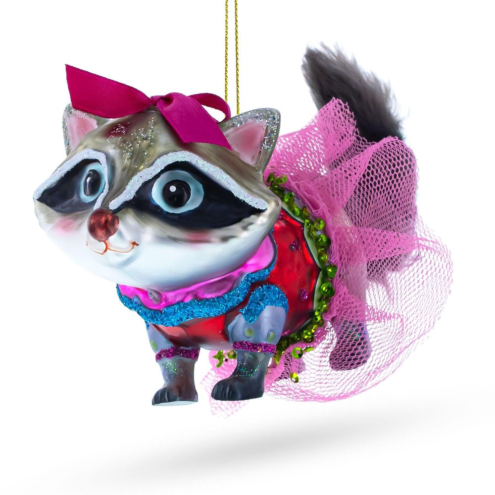 Quirky Raccoon In Dress Blown Glass Christmas Ornament  |   Animals Animals Animals