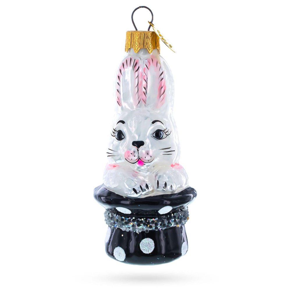 Rabbit In Magician Hat Mini Glass Christmas Ornament  |   Animals Animals Animals