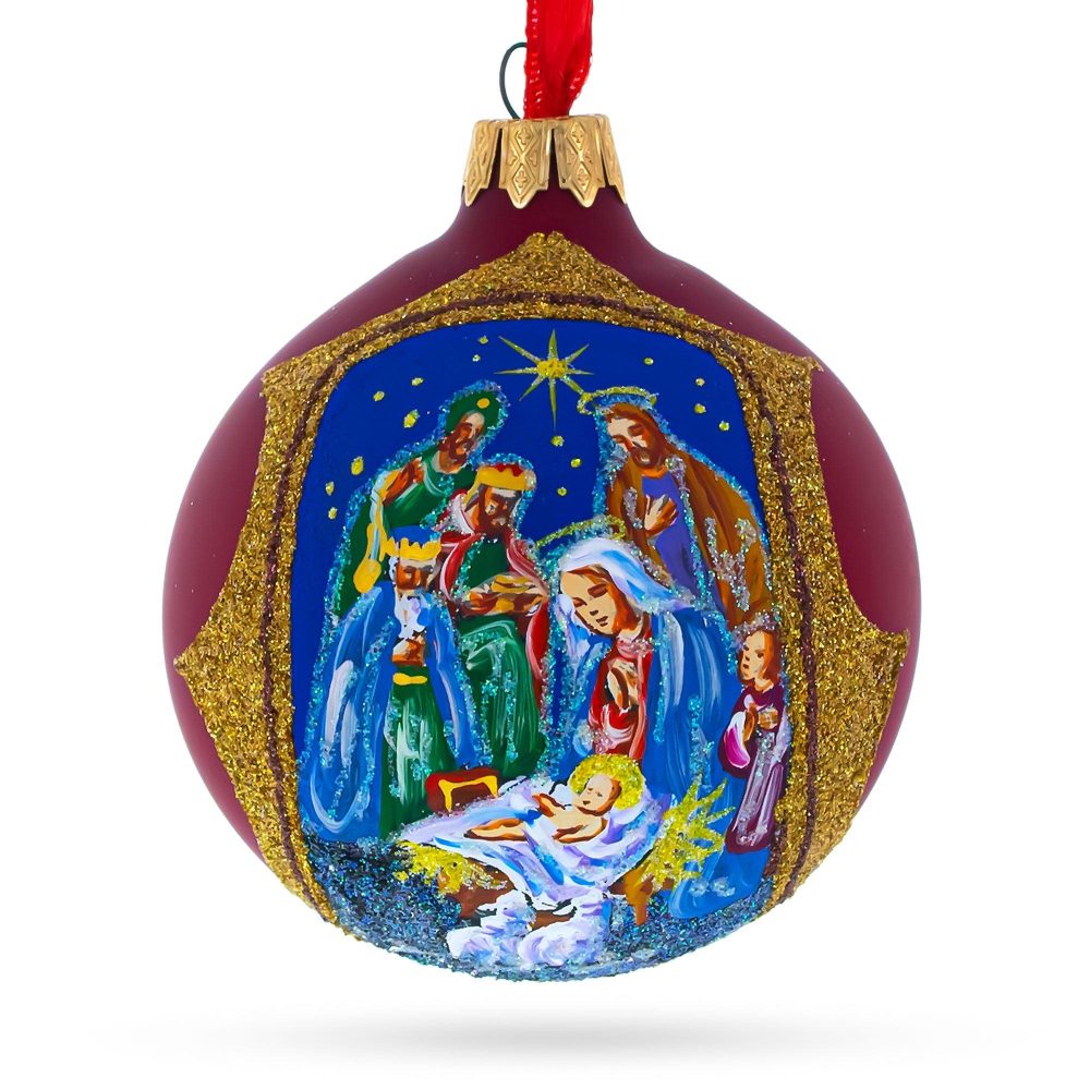 Radiant Nativity Scene In Red Tone Glittered Blown Glass Ball Christmas Ornament 3.25 Inches  |   Religious Ornaments Ornaments Religious Ornaments