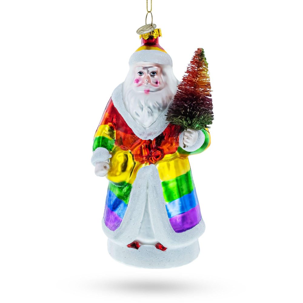 Rainbow-Clad Santa Holding A Christmas Tree Blown Glass Christmas Ornament  |   Personalized Ornaments Personalized