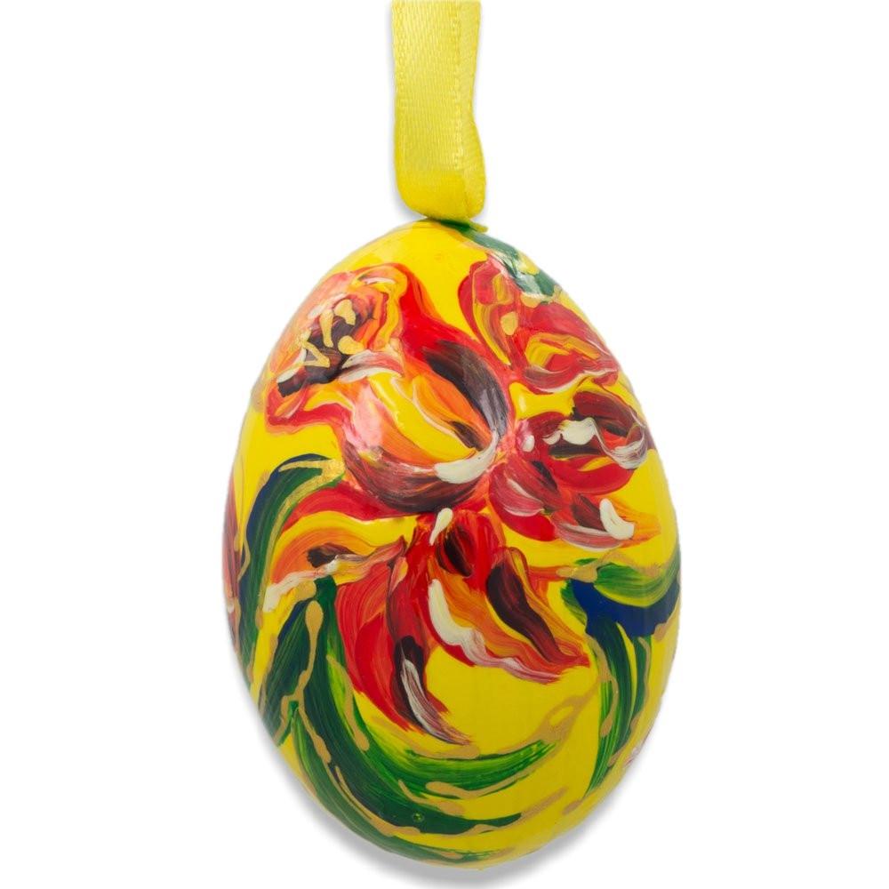 Red Flower On Yellow Wooden Egg Easter Ornament 3 Inches  |   Egg Ornaments Egg Ornaments Egg Ornaments