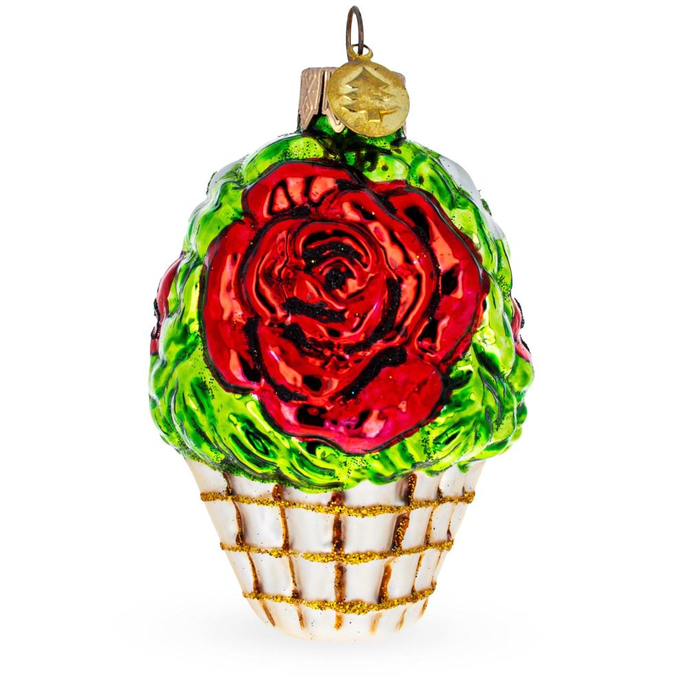 Red Flowers In White Basket Mini Glass Christmas Ornament  |   Flowers Flowers Flowers