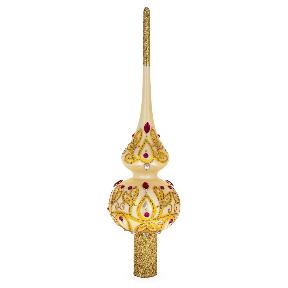 Red Jeweled With Golden Leaves Mouth Blown Glass Christmas Tree Topper 11 Inches  |   Tree Toppers Ornaments Tree Toppers