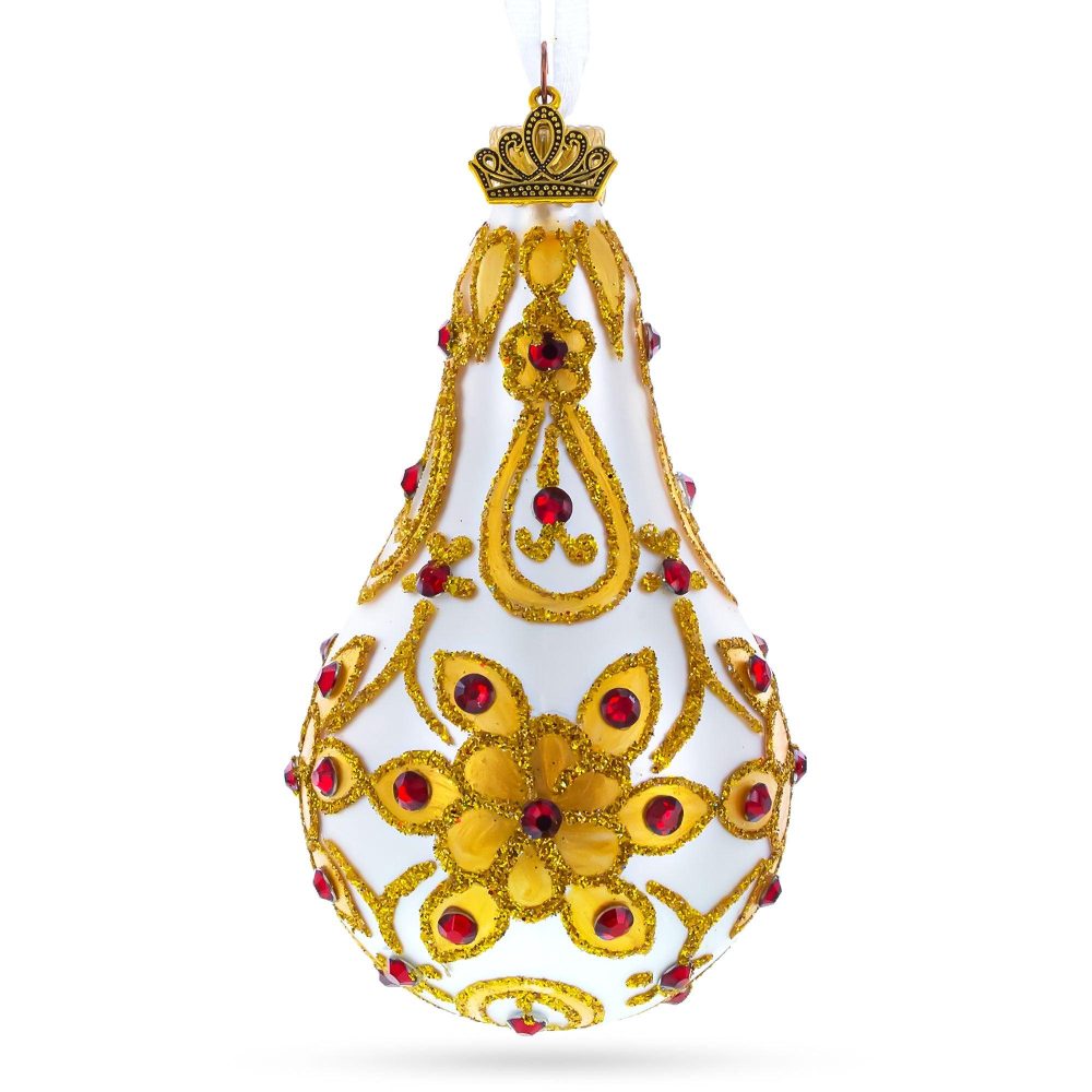 Red Jewels On Golden Leaves Waterdrop Glass Ornament  |   Couturier Couturier Couturier