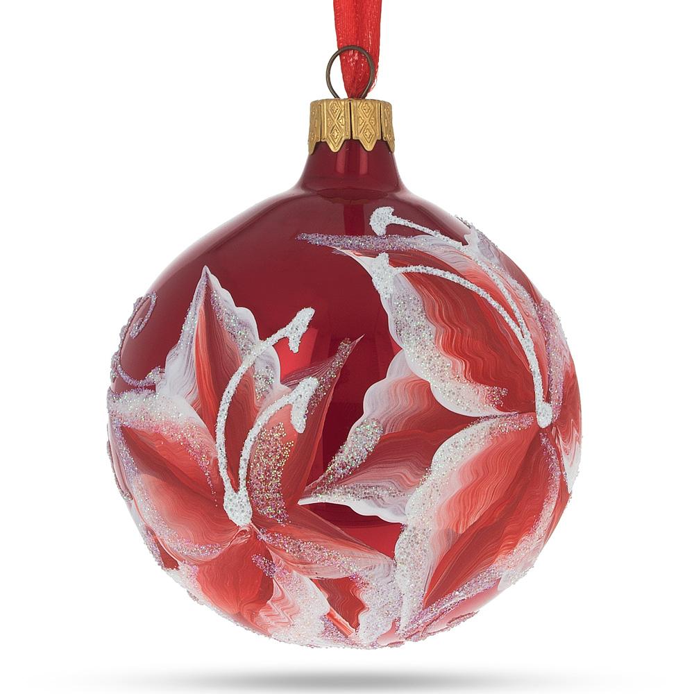 Red Lilies Blown Glass Ball Christmas Ornament 3.25 Inches  |   Flowers Flowers Flowers