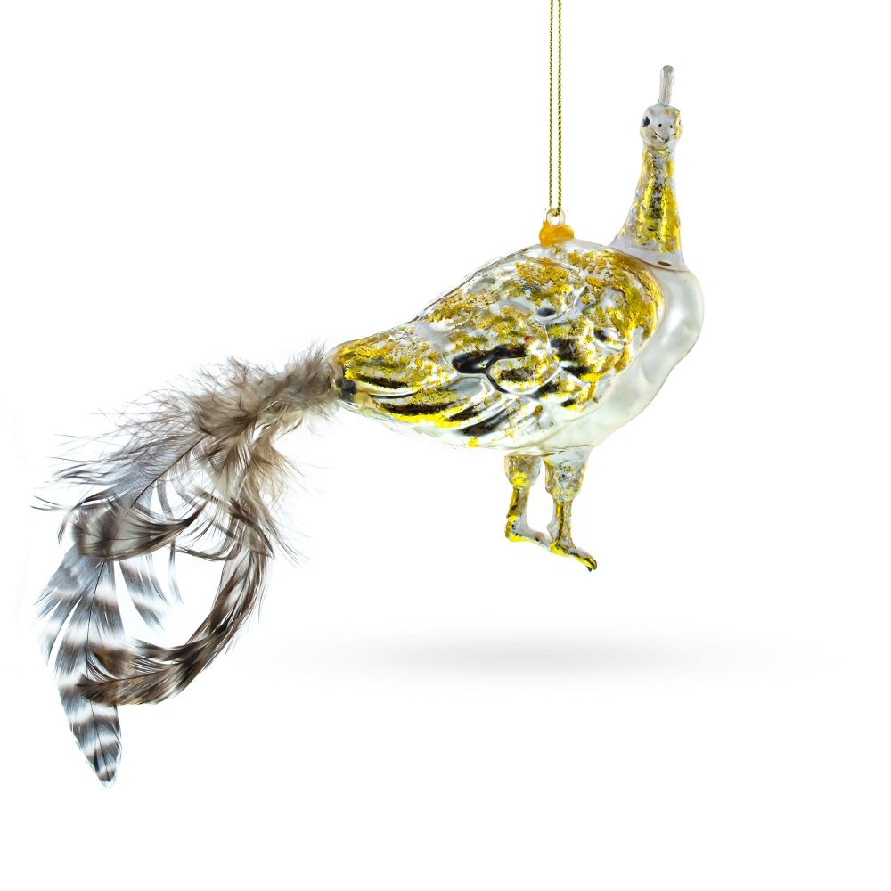 Regal Golden Peacock Blown Glass Christmas Ornament  |   Animals Animals Animals