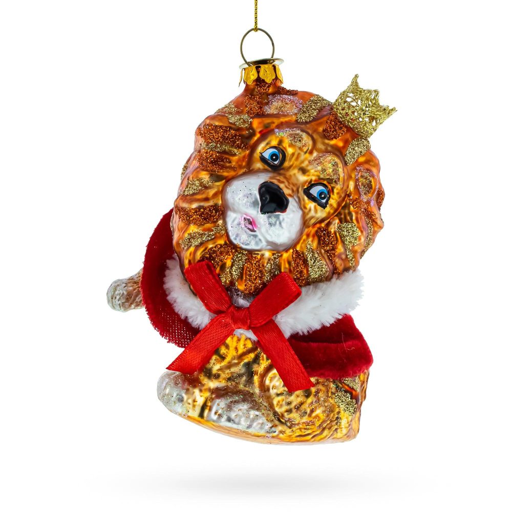 Regal Lion In Scarlet Cape Blown Glass Christmas Ornament  |   Animals Animals Animals