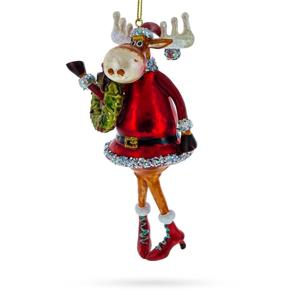 Reindeer Lady Adorned With Christmas Wreath Blown Glass Christmas Ornament  |   Animals Animals Animals