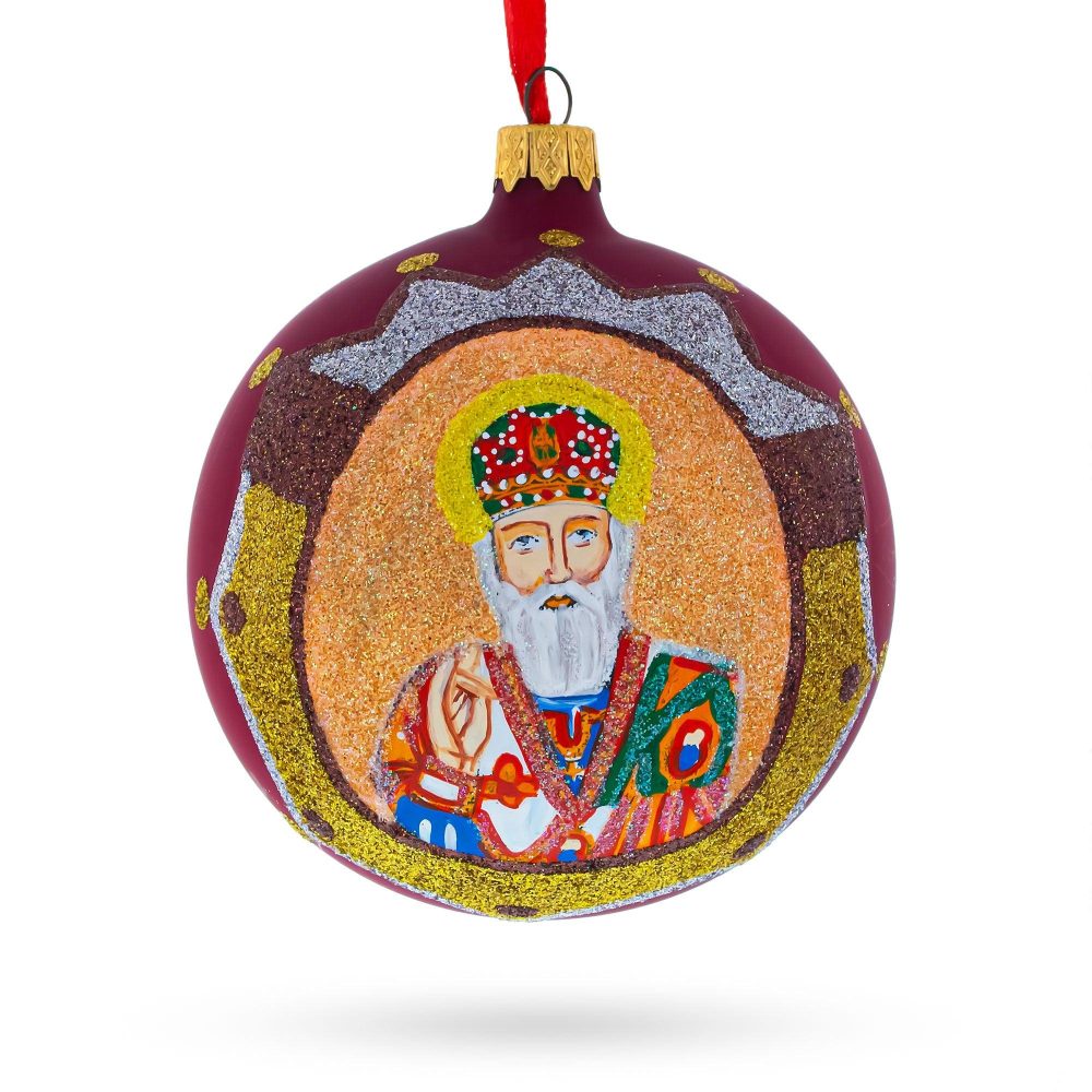 Reverent St. Nicholas With The Bible On Red Blown Glass Ball Christmas Ornament 4 Inches  |   Religious Ornaments Ornaments Religious Ornaments