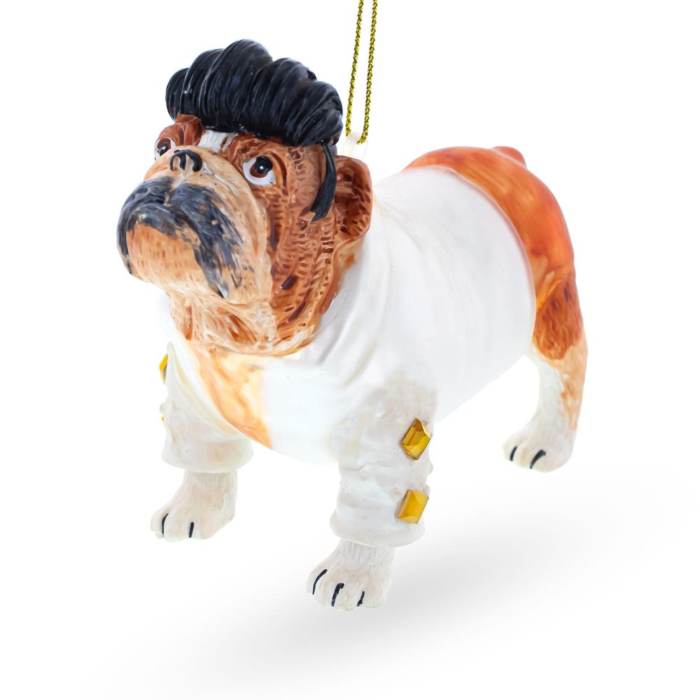 Rock ‘N’ Roll Elvis Bulldog Blown Glass Christmas Ornament  |   Animals Animals Animals