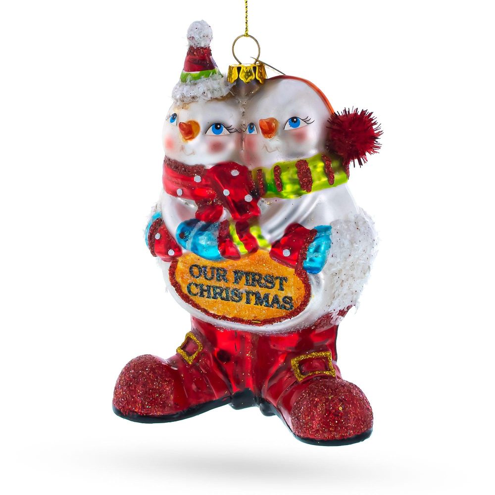 Romantic Snowmen Couple: Our First Christmas Blown Glass Christmas Ornament  |   Love Love Love