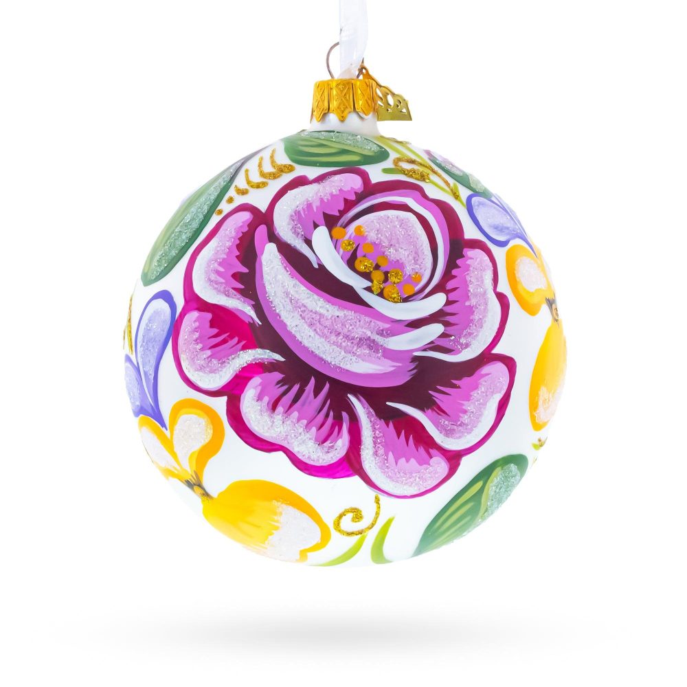 Roses Glass Ball Christmas Ornament 4 Inches  |   Flowers Flowers Flowers