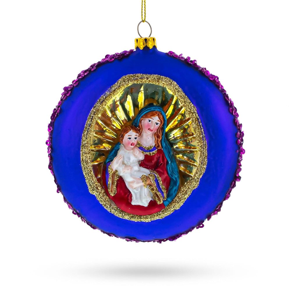 Sacred Mary Holding Jesus On Purple Disc Blown Glass Christmas Ornament  |   Religious Ornaments Ornaments Religious Ornaments