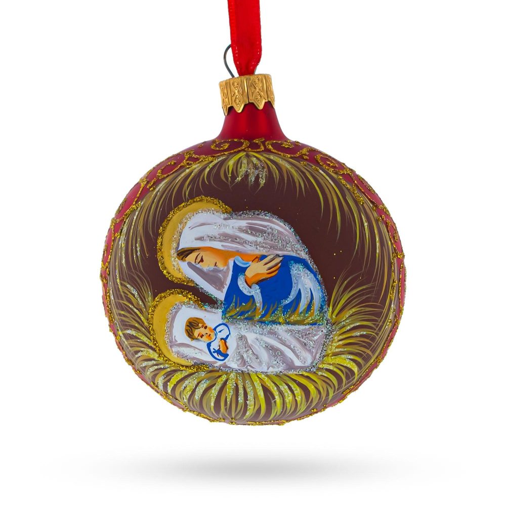 Sacred Mary Overlooking Jesus Nativity Blown Glass Ball Christmas Ornament 3.25 Inches  |   Religious Ornaments Ornaments Religious Ornaments