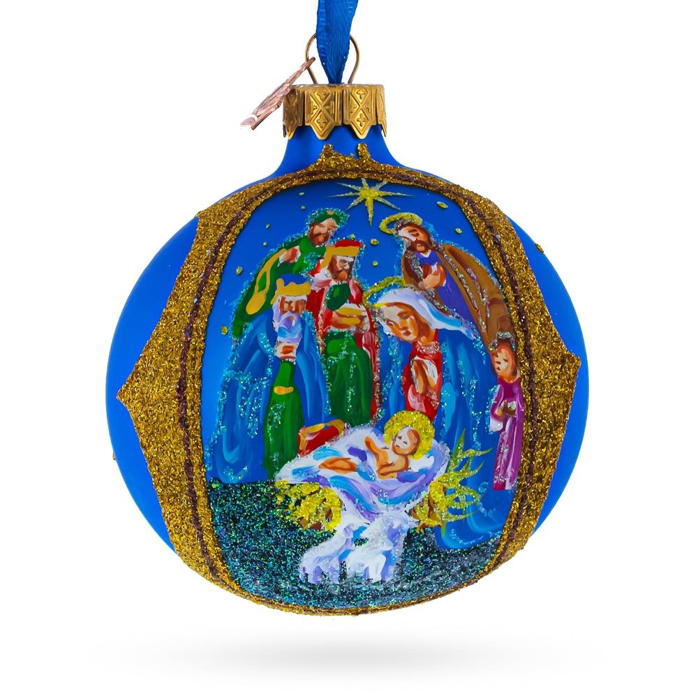 Sacred Nativity Gathering Blown Glass Ball Christmas Ornament 3.25 Inches  |   Religious Ornaments Ornaments Religious Ornaments