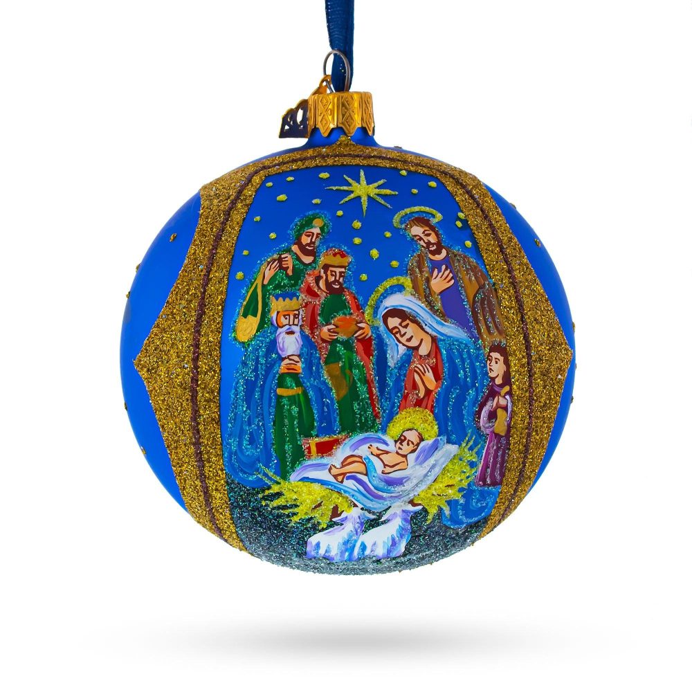 Sacred Nativity Gathering Blown Glass Ball Christmas Ornament 4 Inches  |   Religious Ornaments Ornaments Religious Ornaments