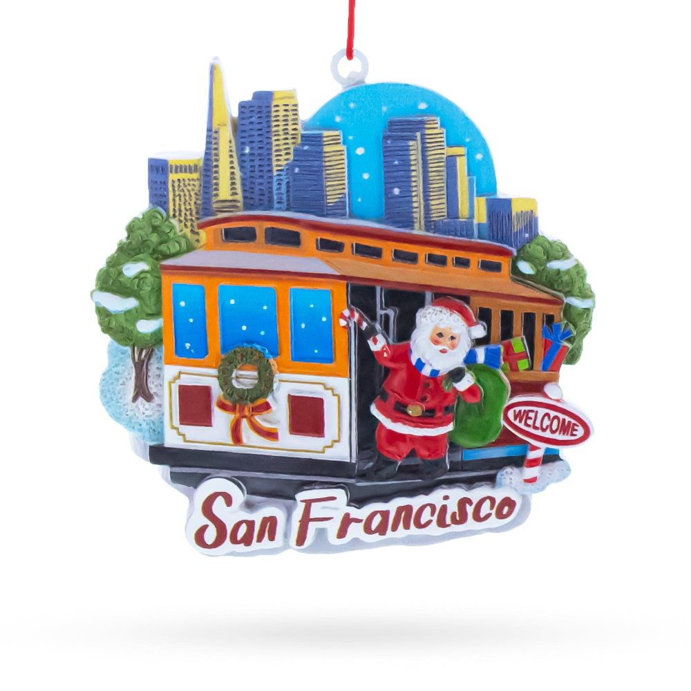 San Francisco Cable Car With Santa And City Skyline Resin Christmas Ornament  |   Travel Ornaments Travel